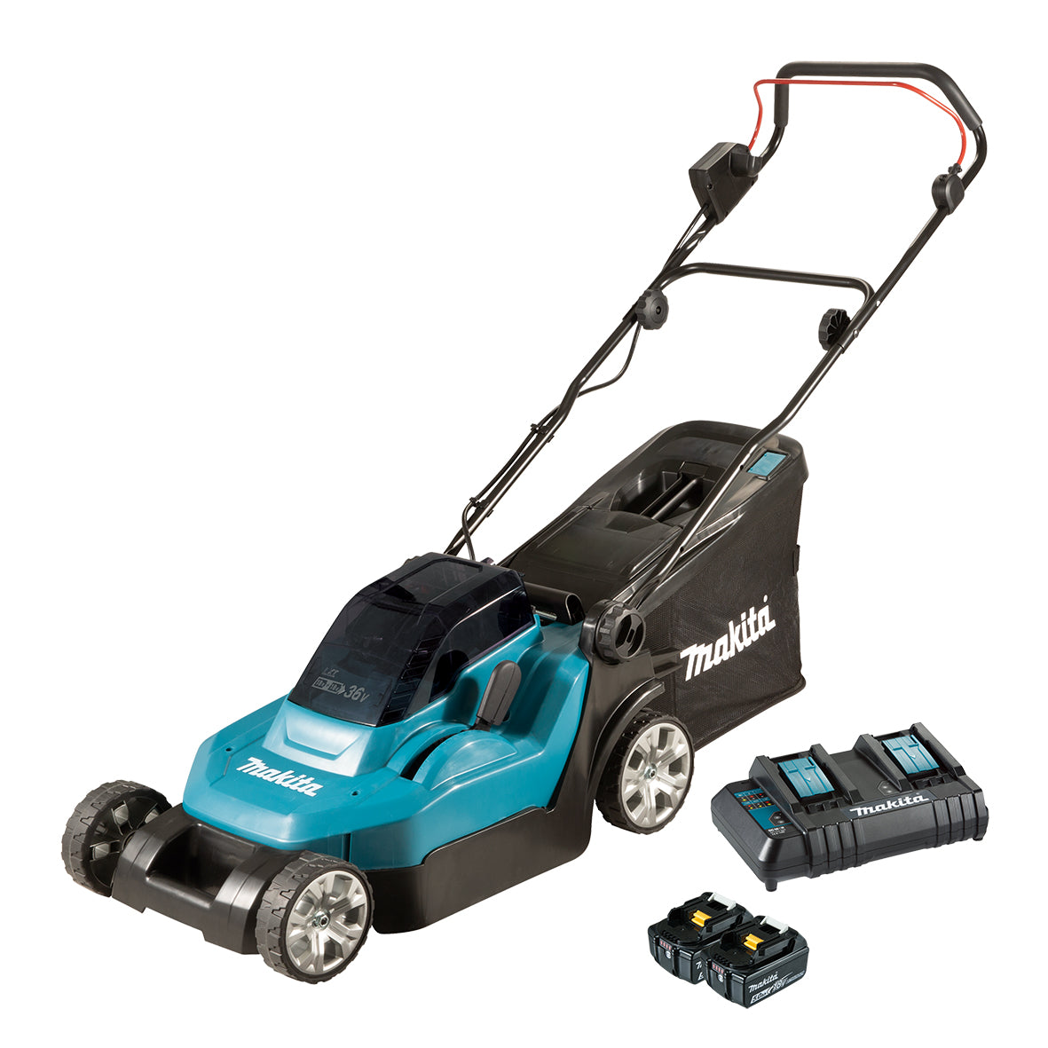 Makita 18Vx2 380mm (15") Lawn Mower Kit - Includes 2 x 5.0Ah Batteries & Dual Port Rapid Charger (DLM382CT2)