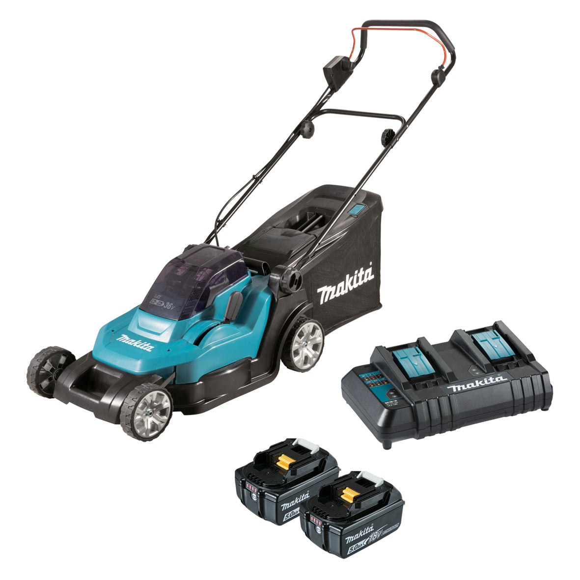 Makita 18Vx2 430mm (17") Lawn Mower Kit - Includes 2 x 5.0Ah Batteries & Dual Port Standard Charger (DLM432CT2)