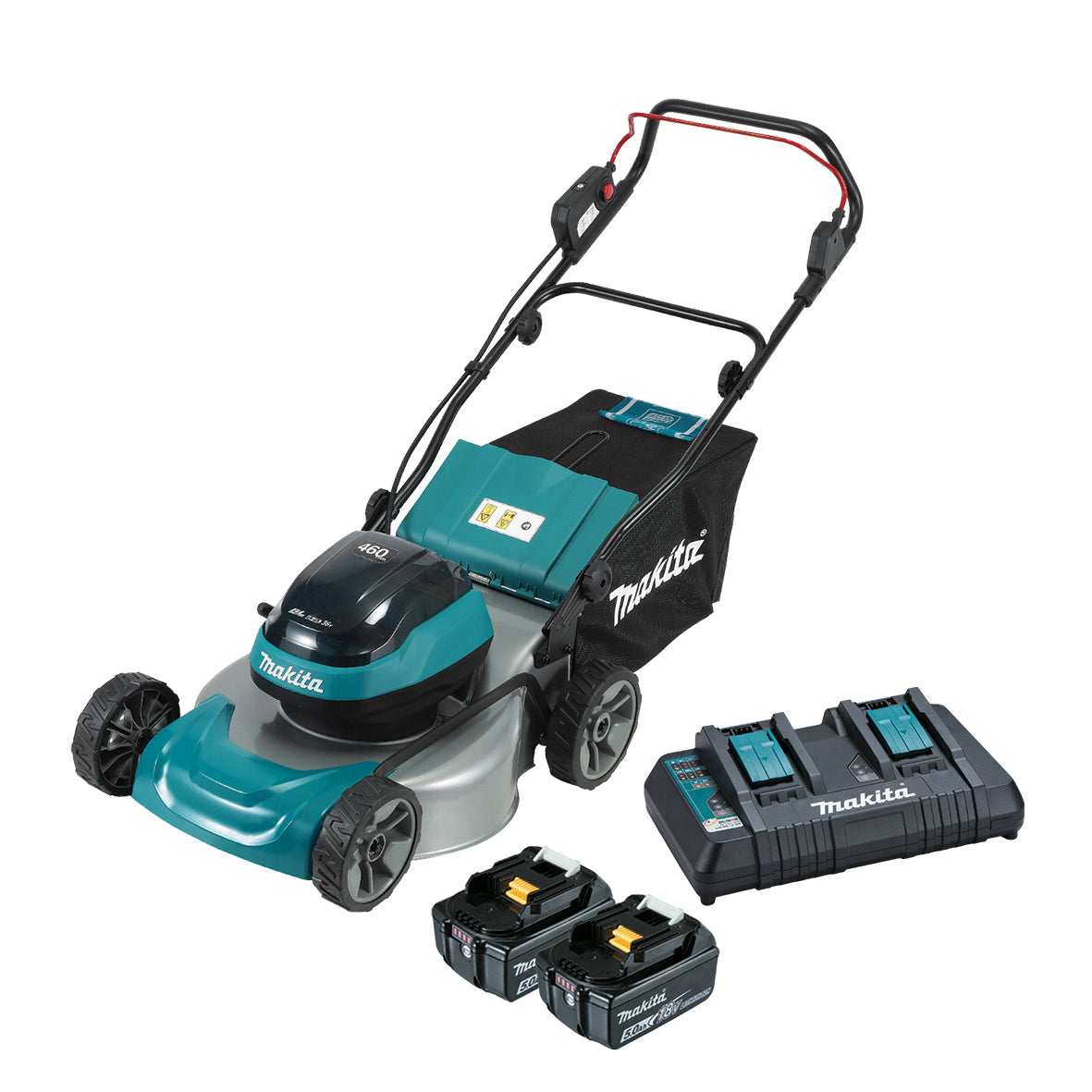 Makita 18Vx2 BRUSHLESS 460mm (18") Lawn Mower Kit, bar blade - Includes 2 x 5.0Ah Batteries & Dual Port Rapid Charger (DLM466PT2)