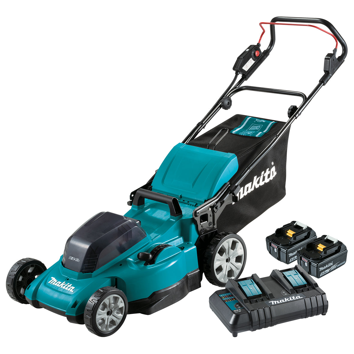 Makita 18Vx2 480mm Lawn Mower Kit - Includes 2 x 5.0Ah Batteries and Dual Port Standard Charger (DLM480CT2)