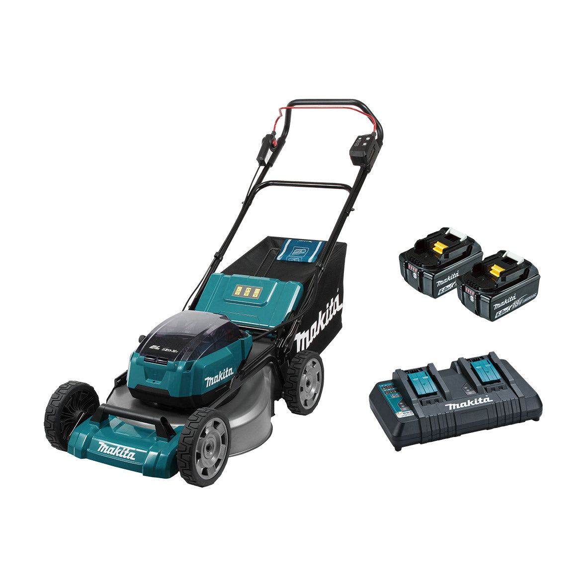 Makita 18Vx2 BRUSHLESS 534mm (21") Lawn Mower Kit, Heavy Duty Steel Deck - Includes 2 x 6.0Ah Batteries & Dual Port Rapid Charger (DLM535PG2)