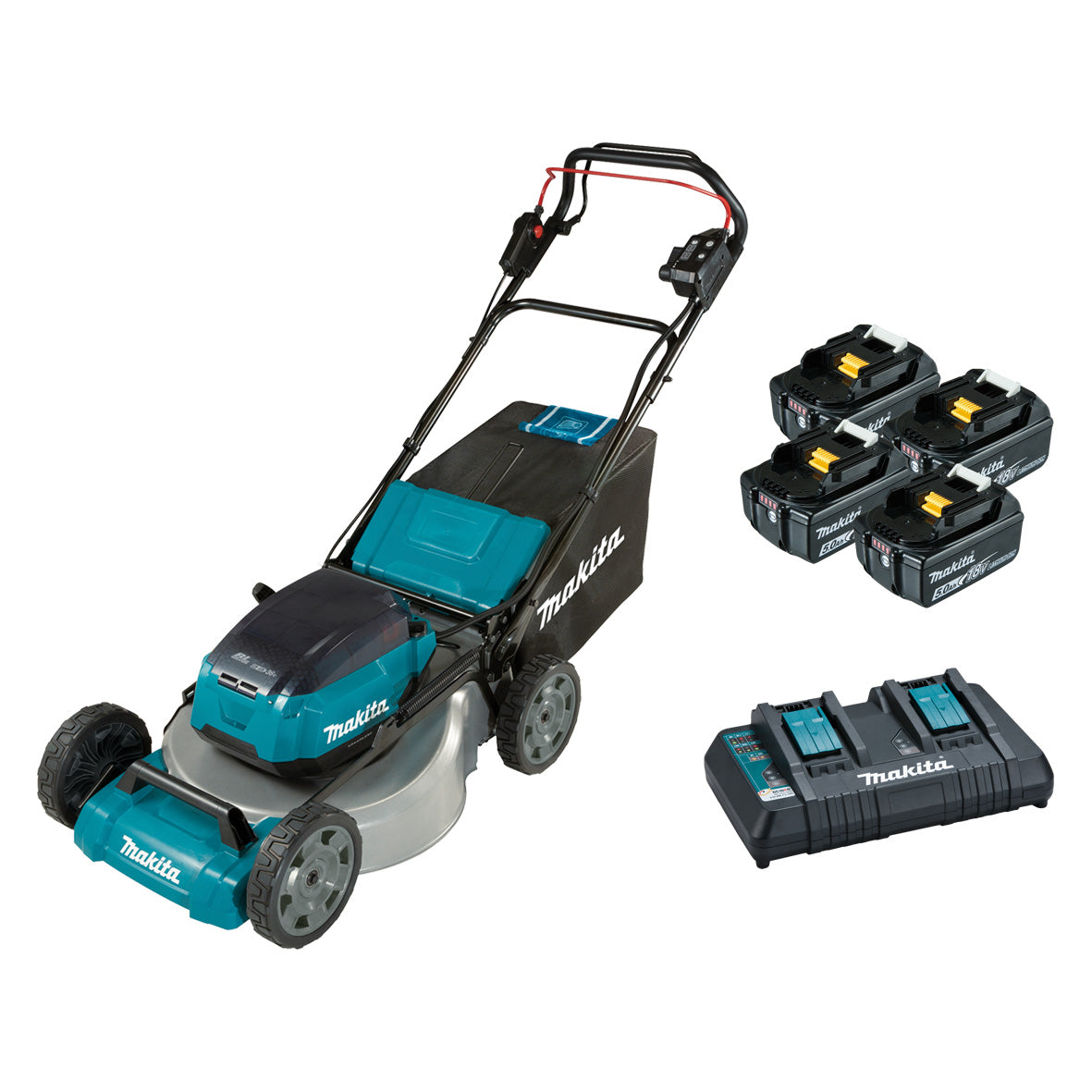 Makita 18Vx2 BRUSHLESS Self-Propelled 534mm (21") Lawn Mower Kit, Heavy Duty Steel Deck - Includes 4 x 5.0Ah Batteries & Dual Port Rapid Charger (DLM536PT4X)