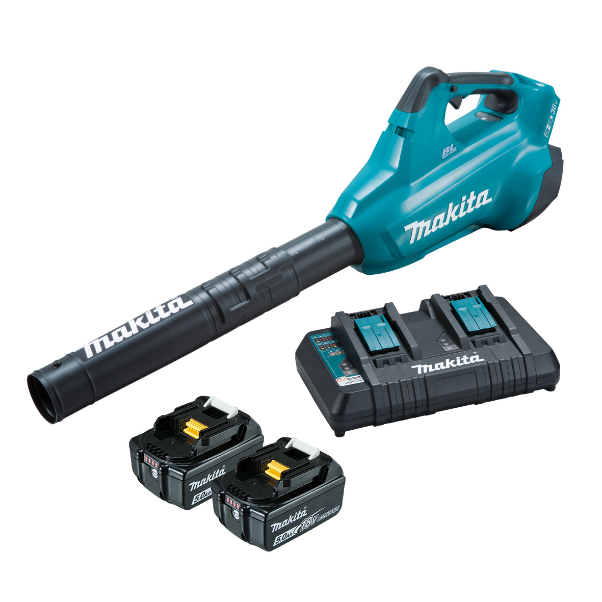 Makita 18Vx2 BRUSHLESS Turbo Blower Kit - Includes 2 x 5.0Ah Batteries & Dual Port Rapid Charger (DUB362PT2)