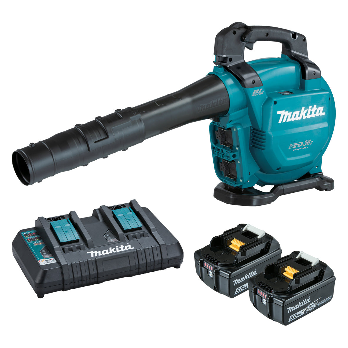 Makita 18Vx2 BRUSHLESS Blower/Vacuum Kit – Includes 2 x 5.0Ah Batteries & Dual Port Rapid Charger  (DUB363PT2V)