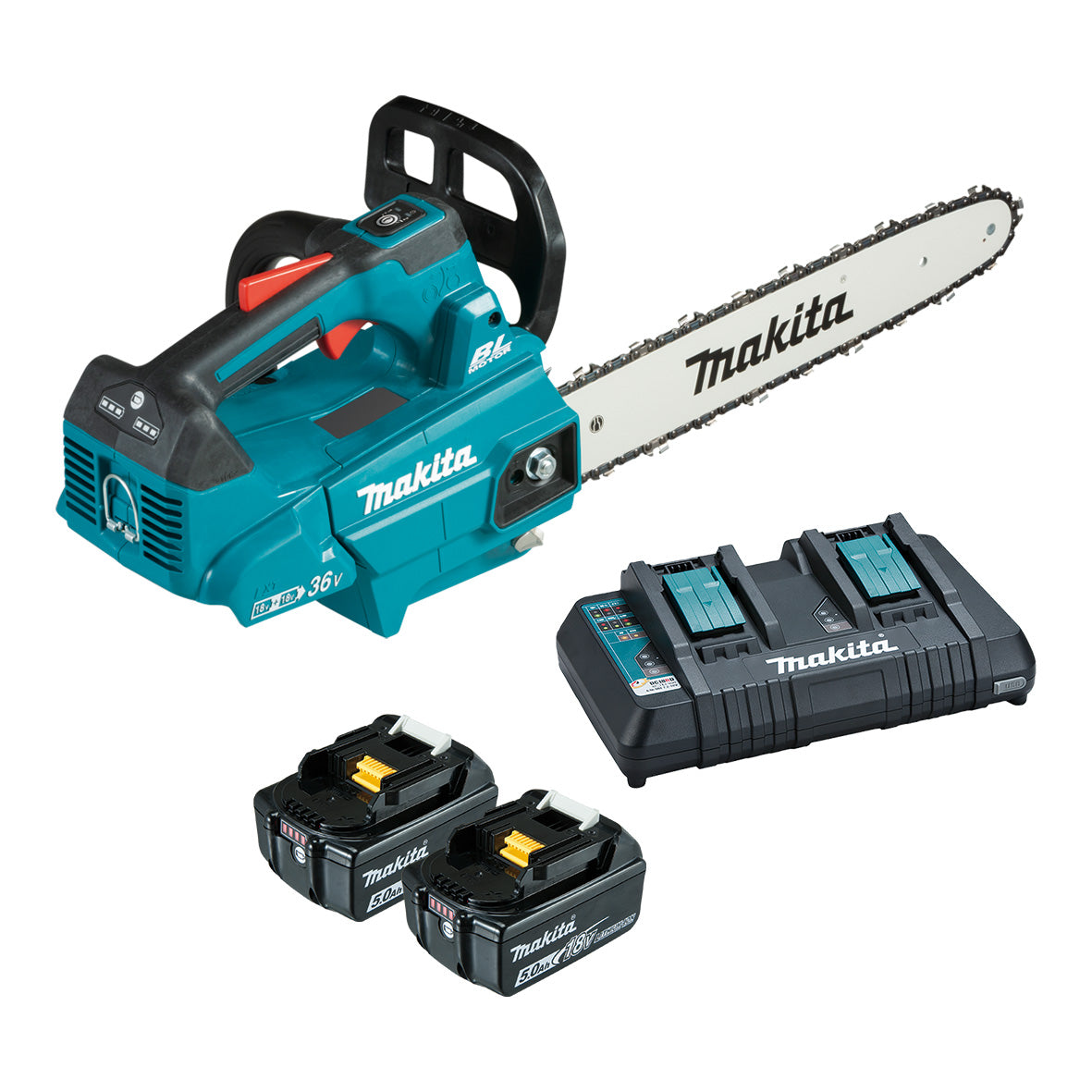 Makita 18Vx2 300mm BRUSHLESS Top Handle Chainsaw - Includes 2 x 5.0Ah Batteries & Dual Port Rapid Charger (DUC306PT2)