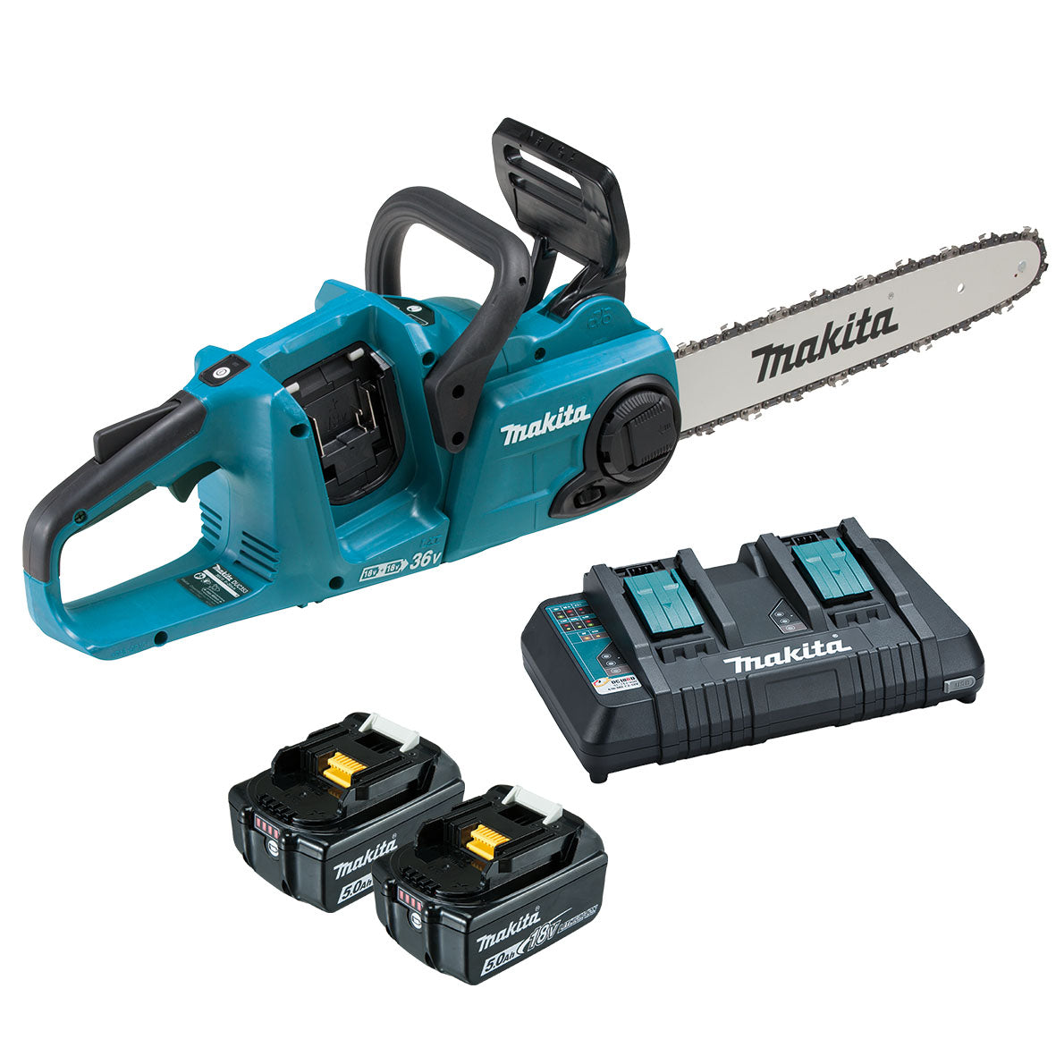 Makita 18Vx2 350mm BRUSHLESS Chainsaw Kit - Includes 2 x 5.0Ah Batteries & Dual Port Rapid Charger (DUC353PT2)