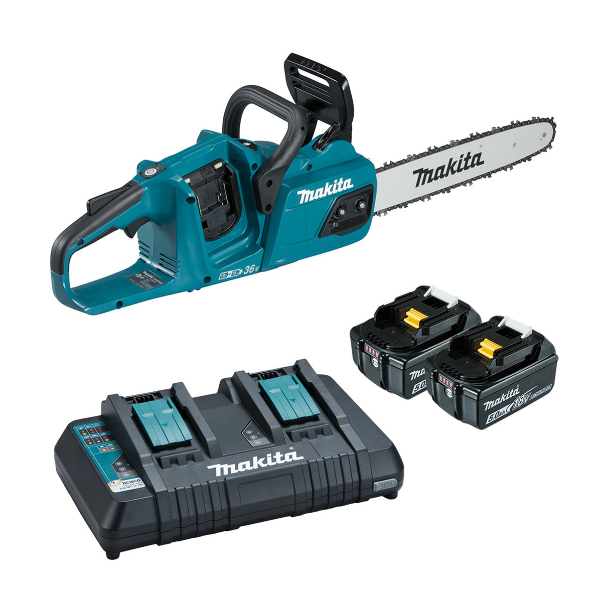 Makita 18Vx2 350mm BRUSHLESS Chainsaw with captive nuts Kit - Includes 2 x 5.0Ah Batteries & Dual Port Rapid Charger (DUC355PT2)