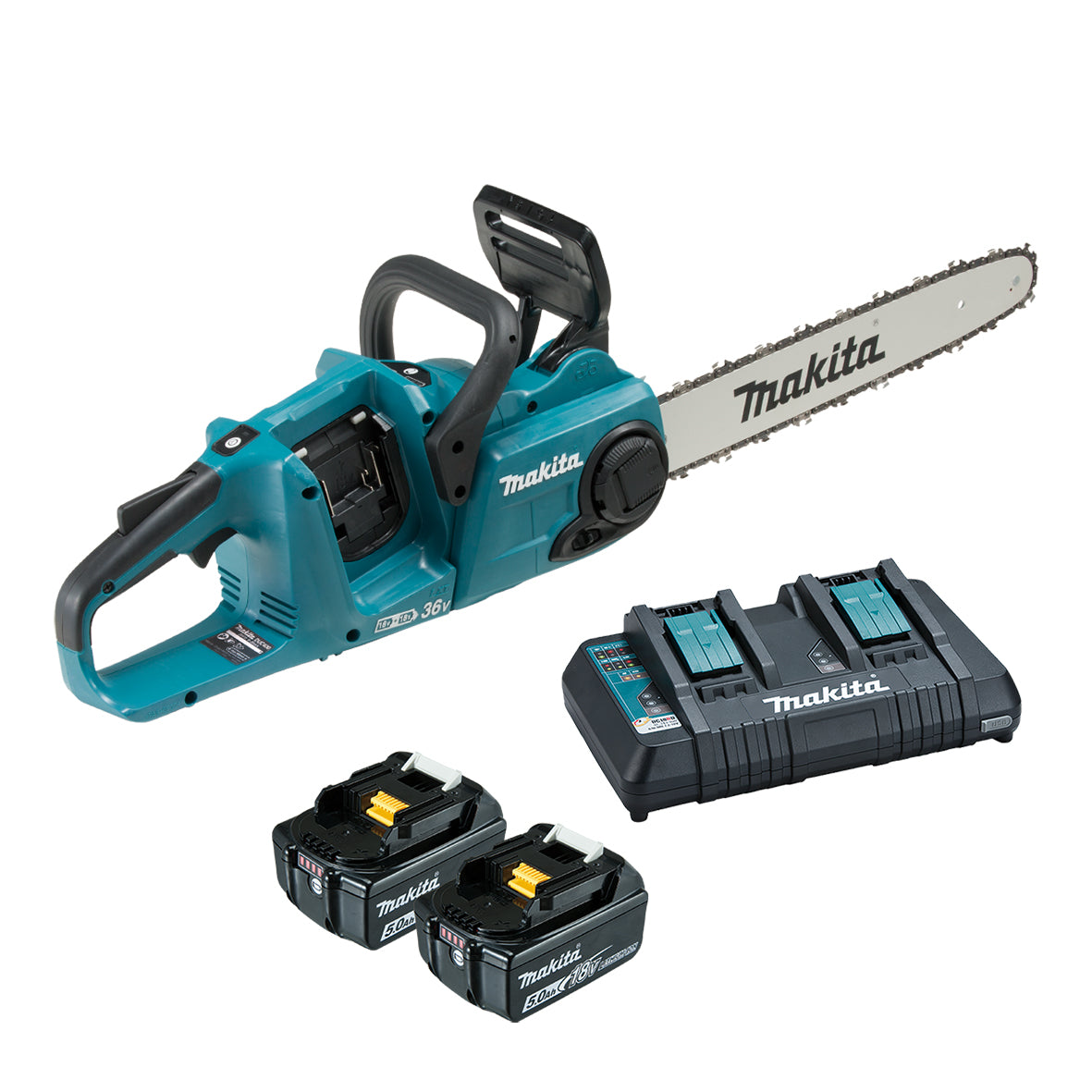 Makita 18Vx2 400mm BRUSHLESS Chainsaw Kit  - Includes 2 x 5.0Ah Batteries & Dual Port Rapid Charger (DUC400PT2)