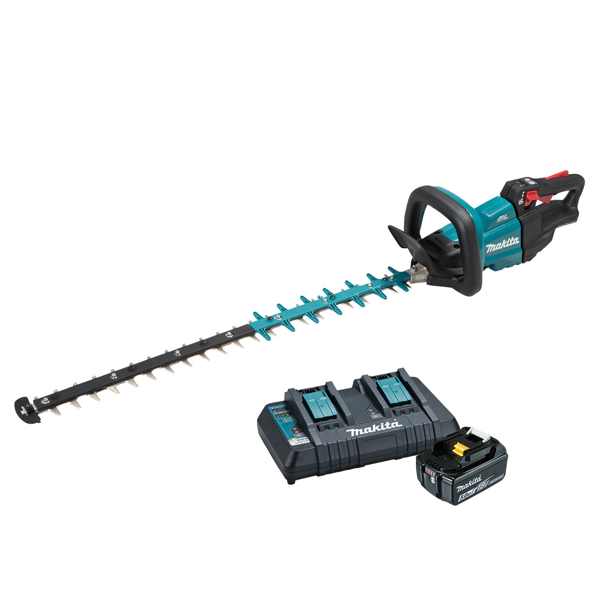 Makita 18V BRUSHLESS 750mm Hedge Trimmer Kit, specialised blade for increased runtime - Includes 5.0Ah Battery & Dual Port Rapid Charger (DUH751PT)