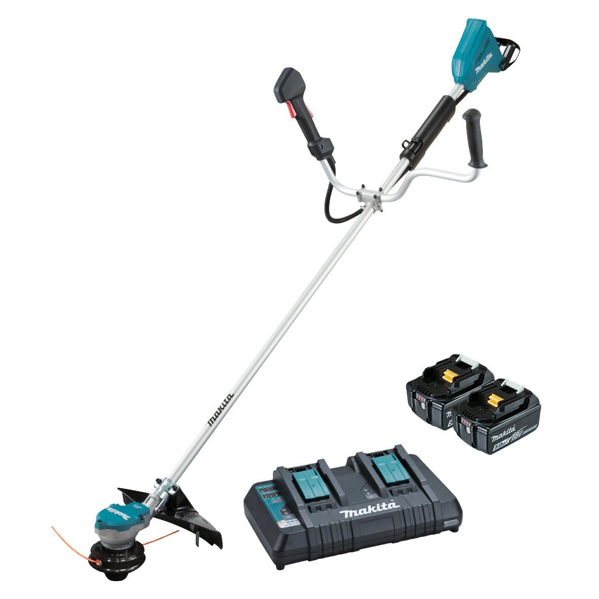 Makita 18Vx2 BRUSHLESS U-Handle Line Trimmer Kit - Includes 2 x 5.0Ah Batteries & Dual Port Rapid Charger (DUR368APT2)