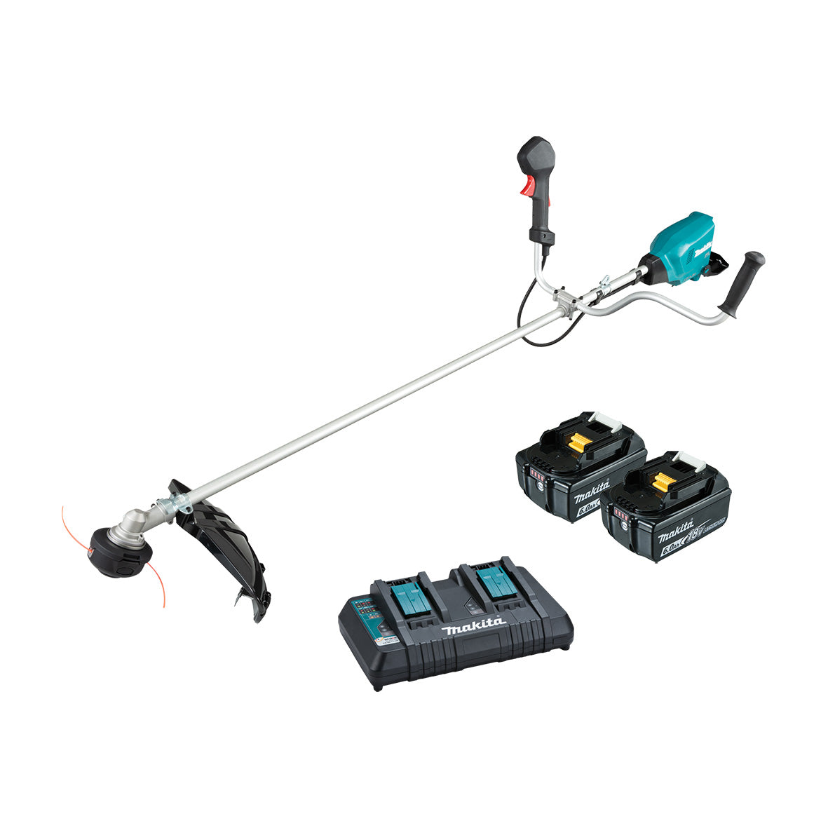 Makita 18Vx2 BRUSHLESS U-Handle Line Trimmer Kit - Includes 2 x 6.0Ah Batteries & Dual Port Rapid Charger (DUR369APG2)