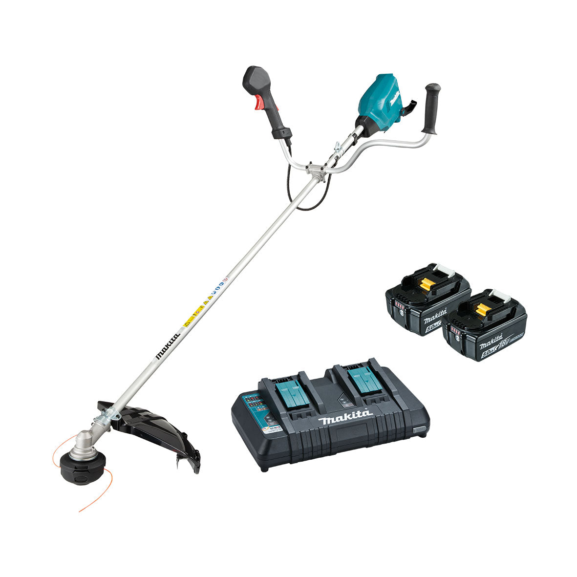 Makita 18Vx2 BRUSHLESS U-Handle Line Trimmer Kit - Includes 2 x 5.0Ah Batteries & Dual Port Rapid Charger (DUR369APT2)