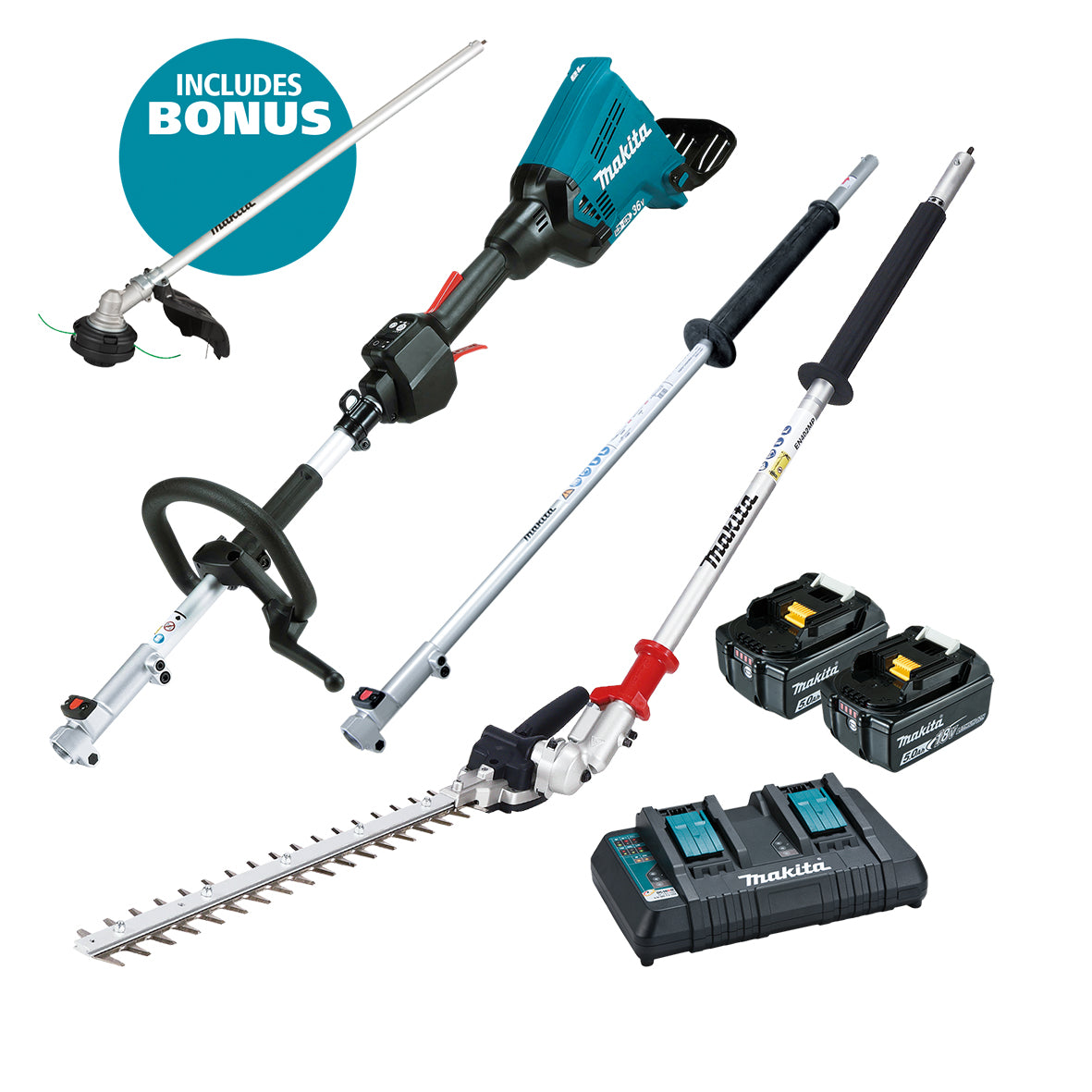 Makita 18Vx2 BRUSHLESS Multi-Function Powerhead, (LE400MP) Extension Pole & (EN401MP) Hedge Trimmer Attachment Kit - Includes 2 x 5.0Ah Batteries & Dual Port Rapid Charger (BONUS EM409MP) (DUX60PHPT2-B)