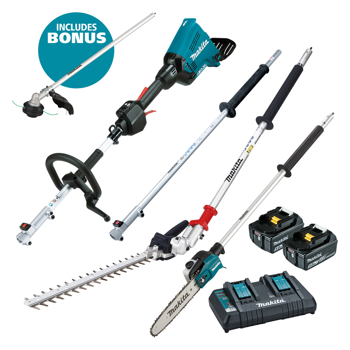 Makita 18Vx2 BRUSHLESS Multi-Function Powerhead, (LE400MP) Ext. Pole, (EY403MP) Pole Saw Attachment & (EN401MP) Hedge Trimmer Attachment Kit - Includes 2 x 5.0Ah Batteries & Dual Port Rapid Charger (BONUS EM409MP) (DUX60PSHPT2-B)