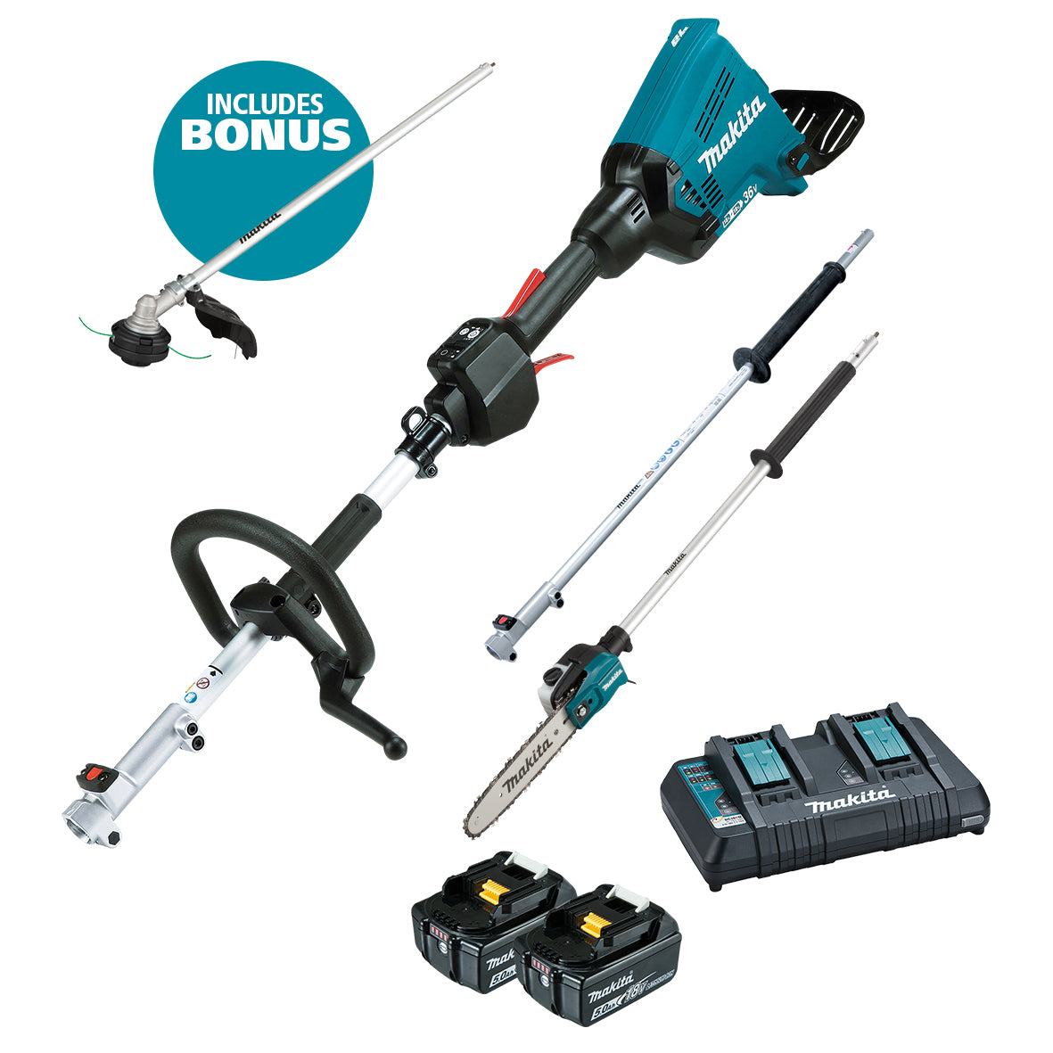 Makita 18Vx2 BRUSHLESS Multi-Function Powerhead, (LE400MP) Extension Pole & (EY403MP) Pole Saw Attachment Kit - 
Includes 2 x 5.0Ah Batteries & Dual Port Rapid Charger (BONUS EM409MP) (DUX60PSPT2-B)